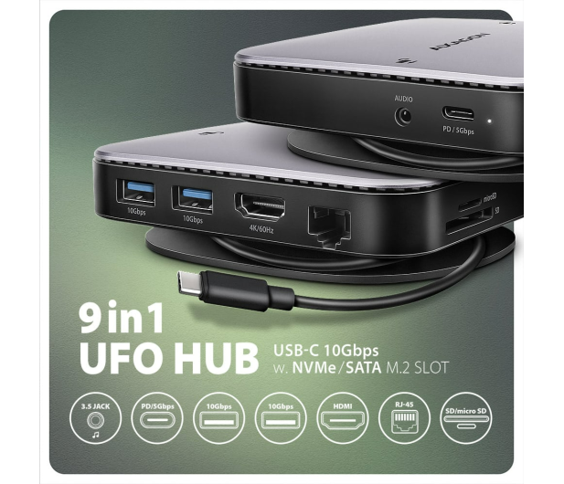 AXAGON HMC-UFO Wieloportowy hub USB 9in1, 10Gbps, 2x USB-A, HDMI 4K/60Hz, M.2 NVMe/SATA, audio, PD 100W, SD/microSD, GLAN, 65cm USB-C kabel - 1485462 - zdjęcie 2